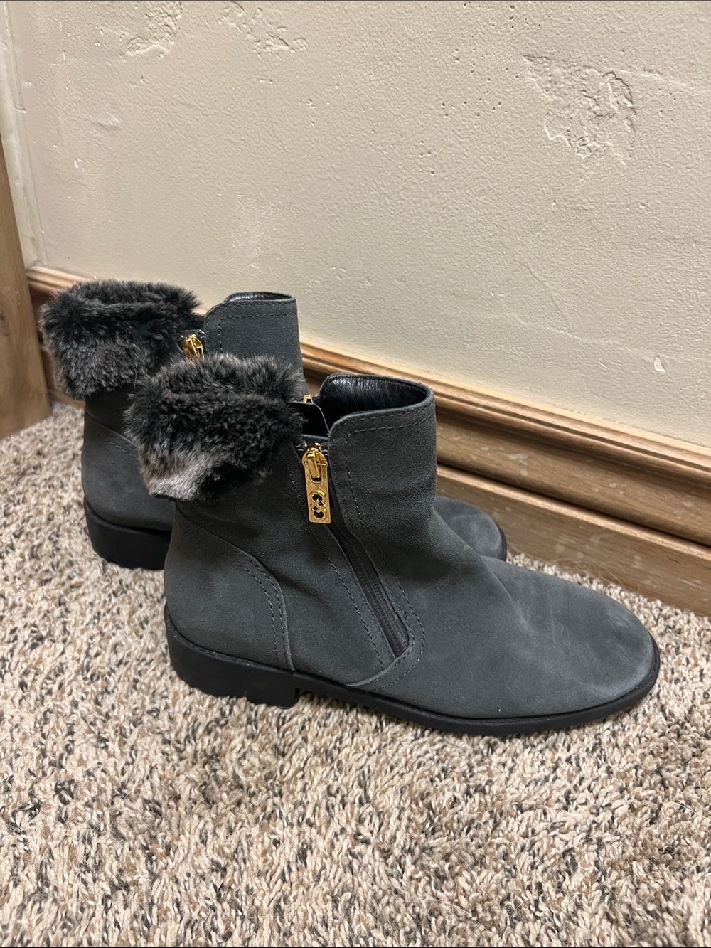 Cole Haan Gray Faux-Fur leather waterproof Cuff Ankle Booties with Gold Zipper